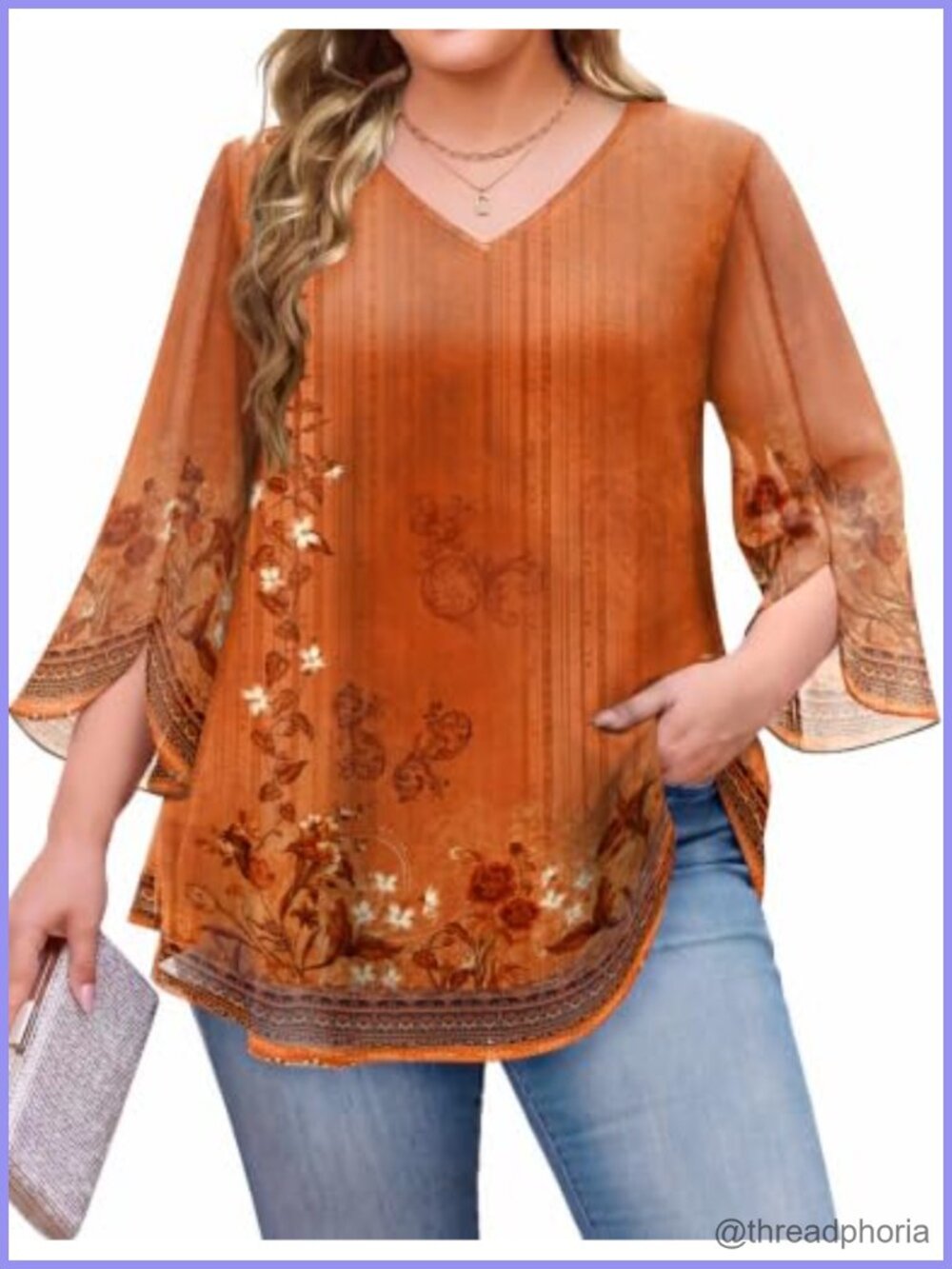 Plus Size Double Layer Mesh Blouse V-Neck Ruffle 3/4 Sleeve Tunic Top